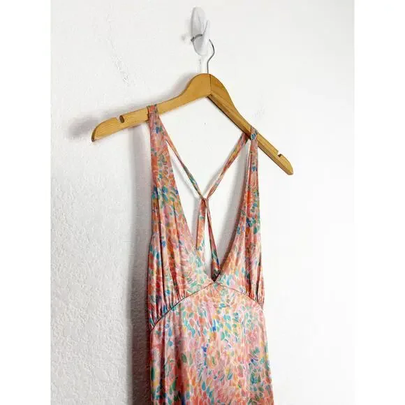 Free People Nowhere To Be Slip Dress Medium Midi Coral Floral Stretch Satin - Picture 7 of 14